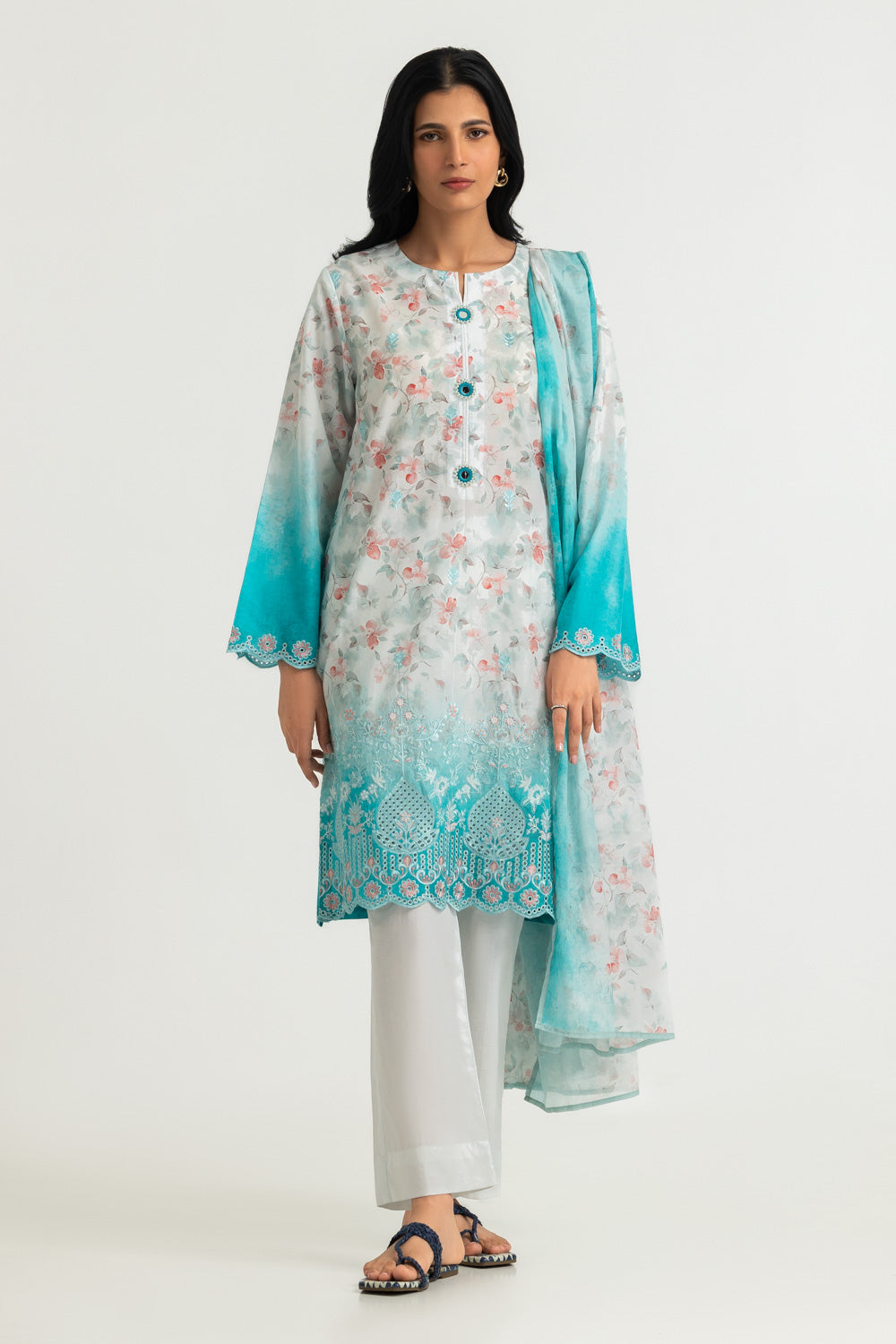 3PC Lawn Printed Suit With Embroidered