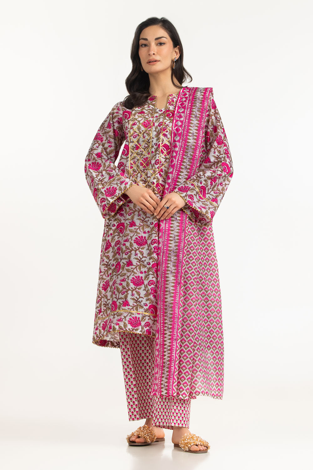 3PC Lawn Printed Suit With Gota Embroidered