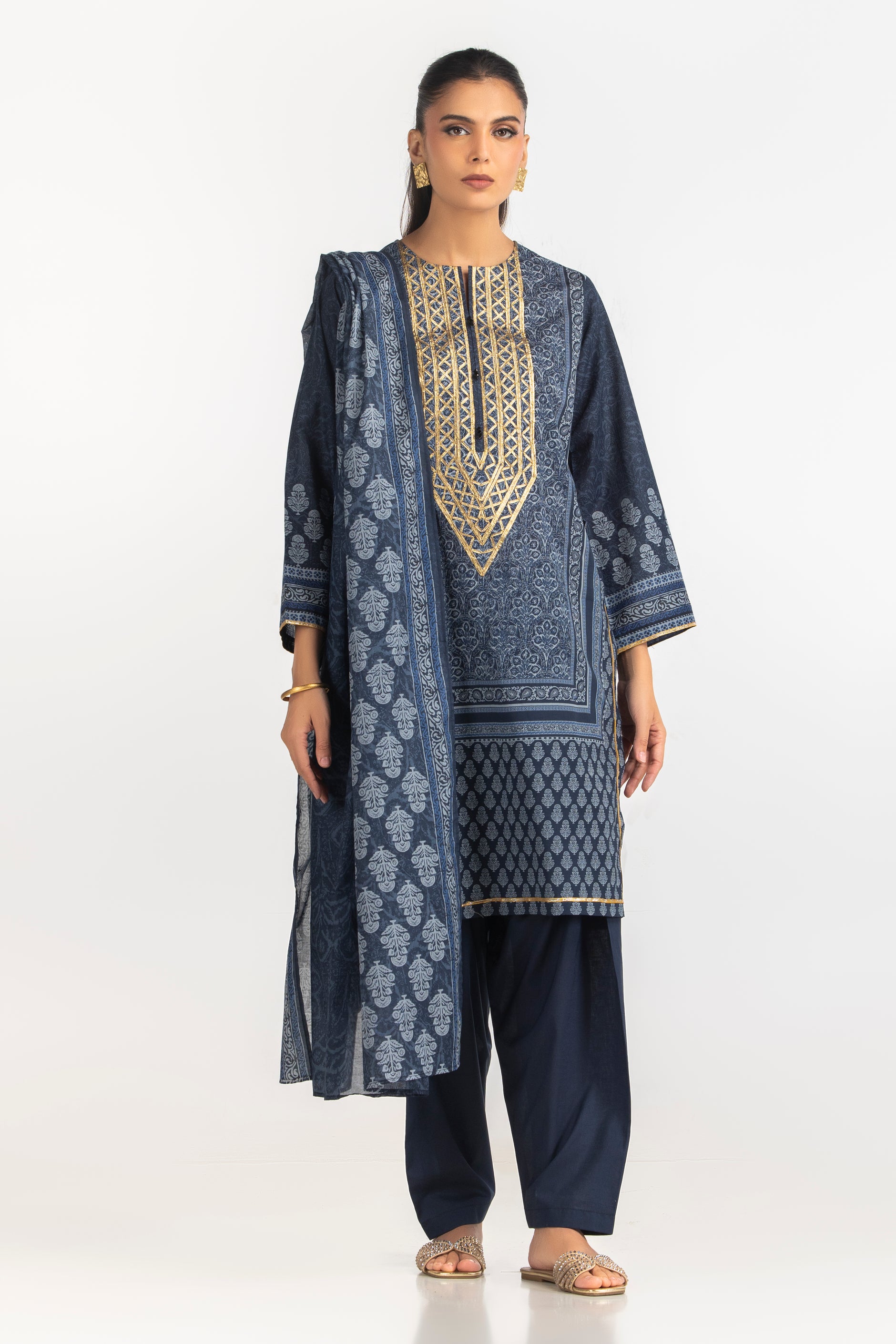 3PC Lawn Printed Suit With Gota Embroidered