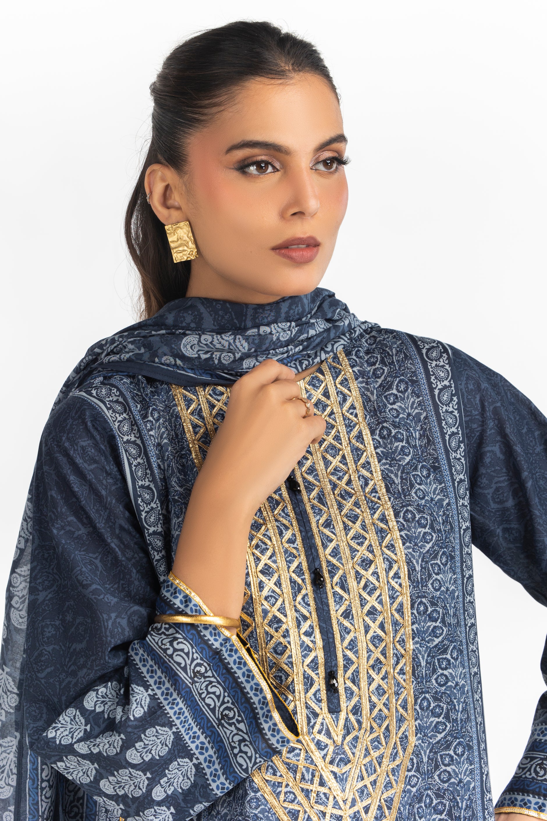 3PC Lawn Printed Suit With Gota Embroidered