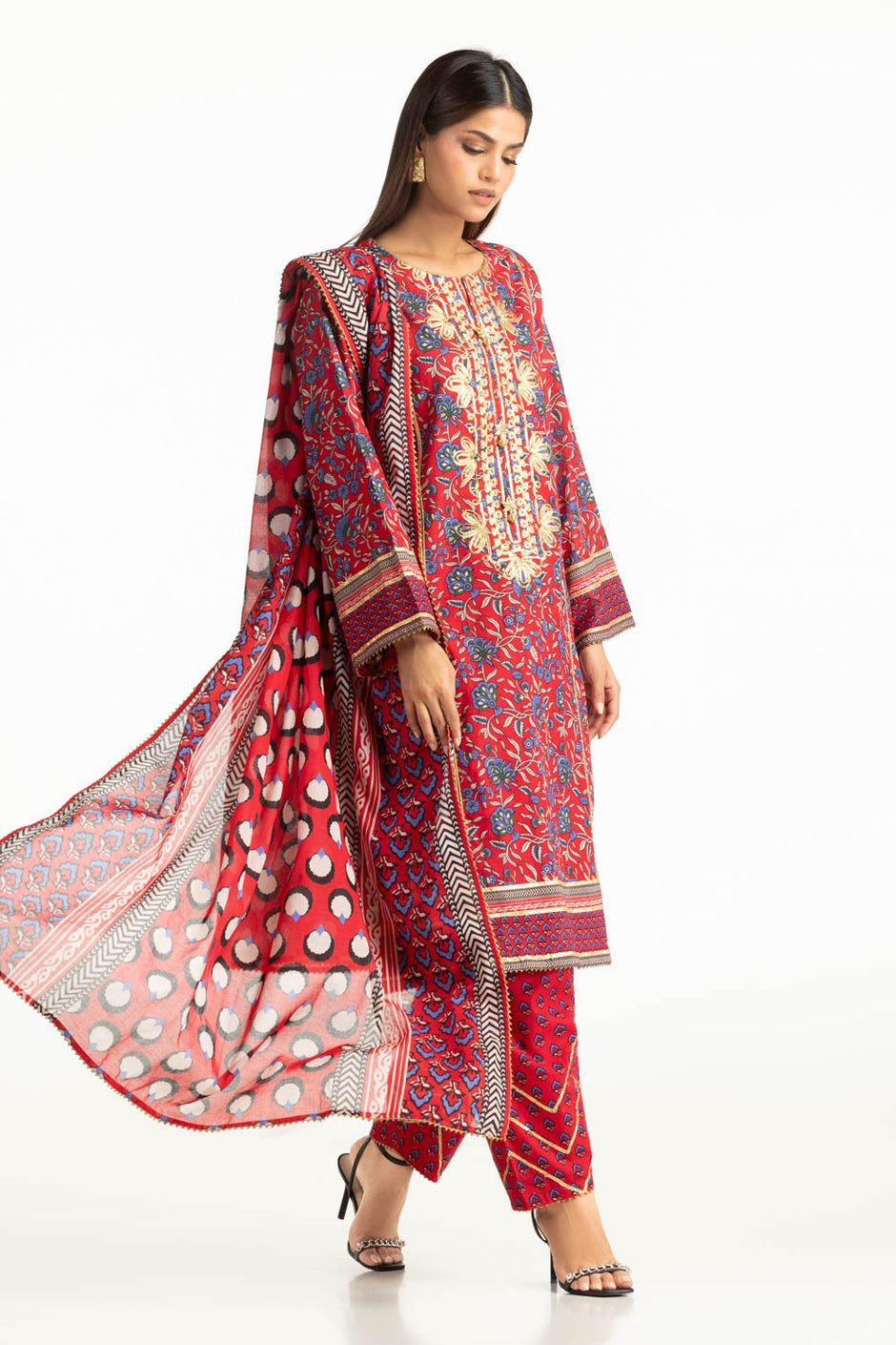 3PC Lawn Printed With Gota Embroidered Suit