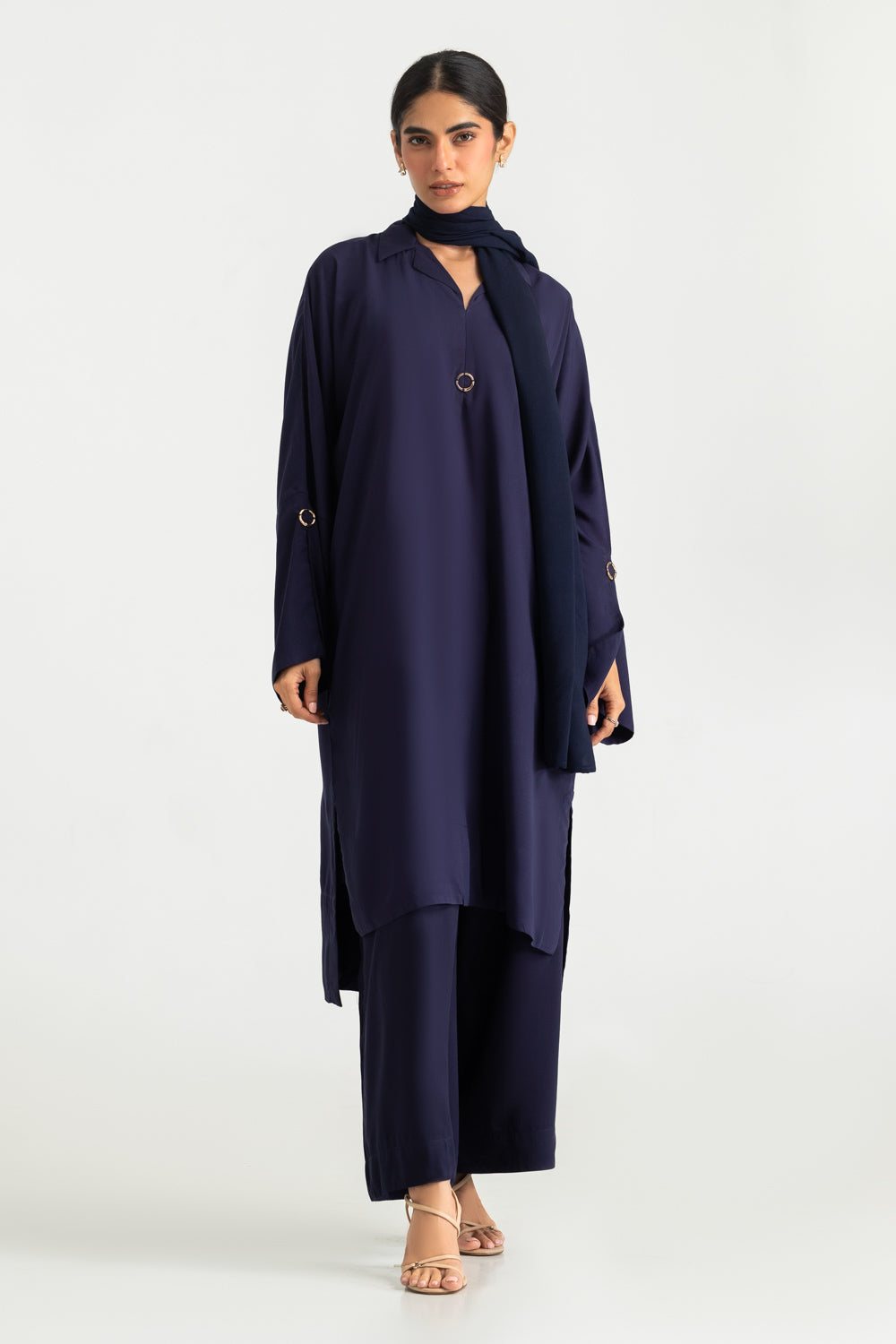 3PC Linen Dyed Suit With Scarf