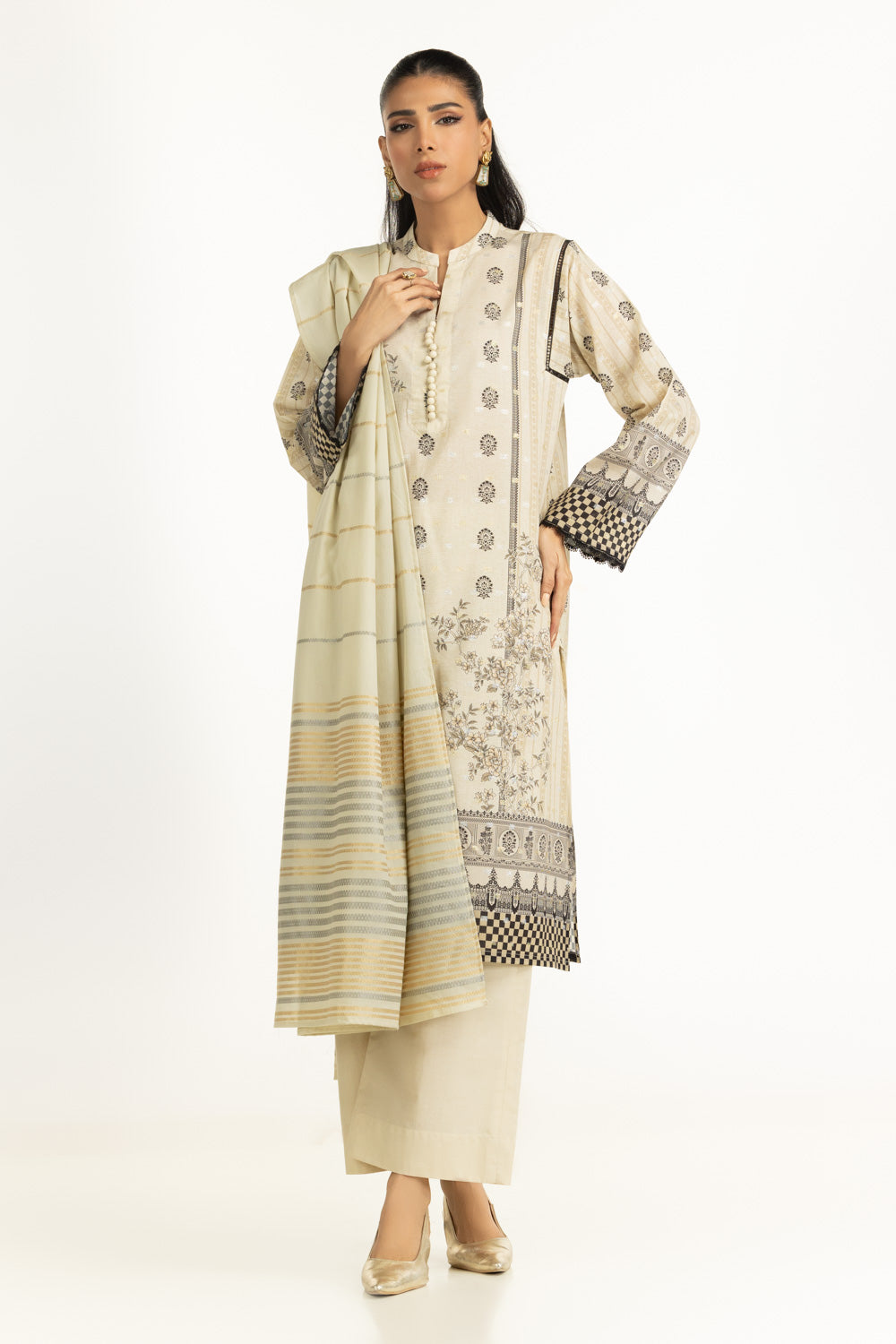3PC Lurex Jacquard Printed Suit IUSTKSD-1357