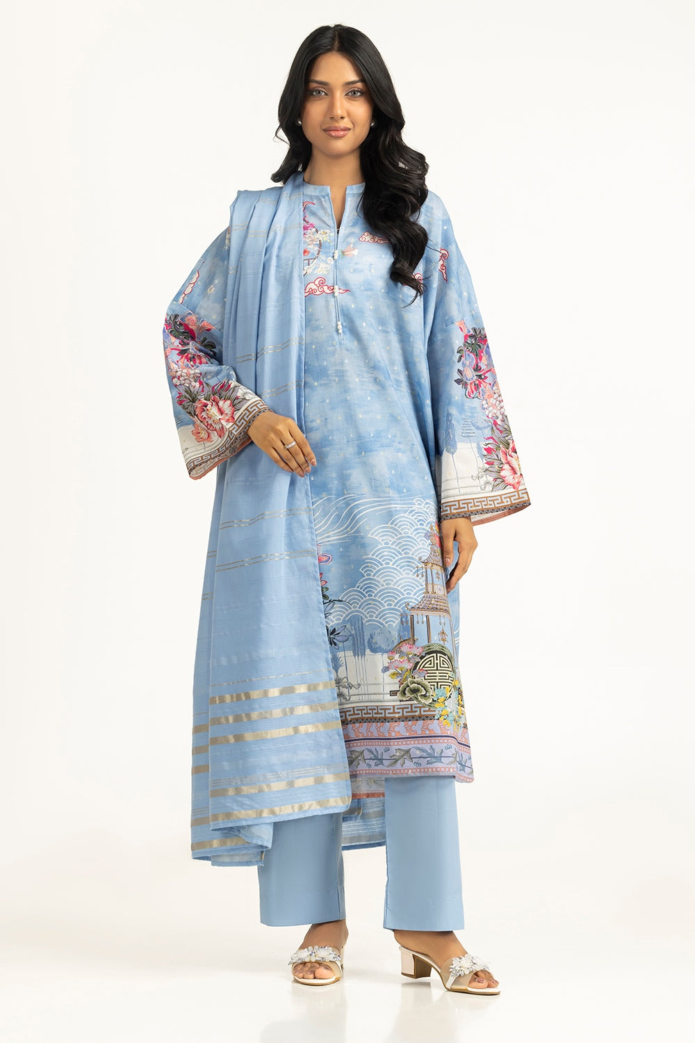 3PC Lurex Jacquard Printed Suit IUSTKSD-1368