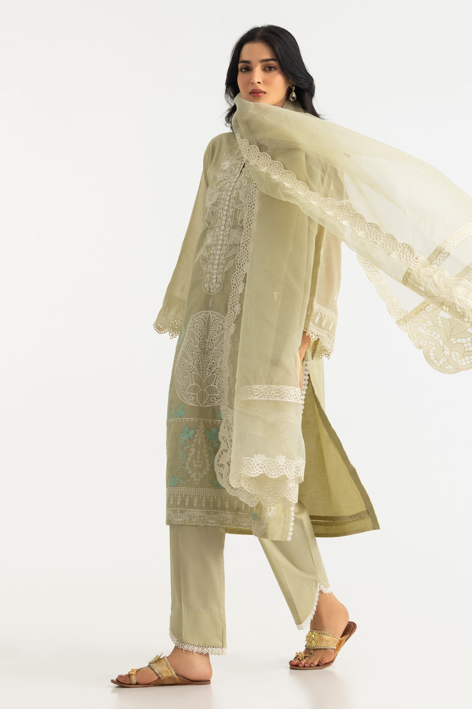 3PC Paper Cotton Embroidered Suit
