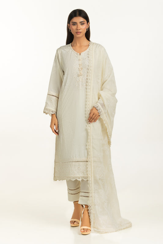 3PC Poly Cambric Printed Suit With Embroidered IPSTD-44749