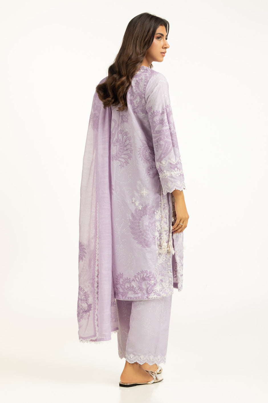3PC Poly Cambric Printed Suit With Embroidered