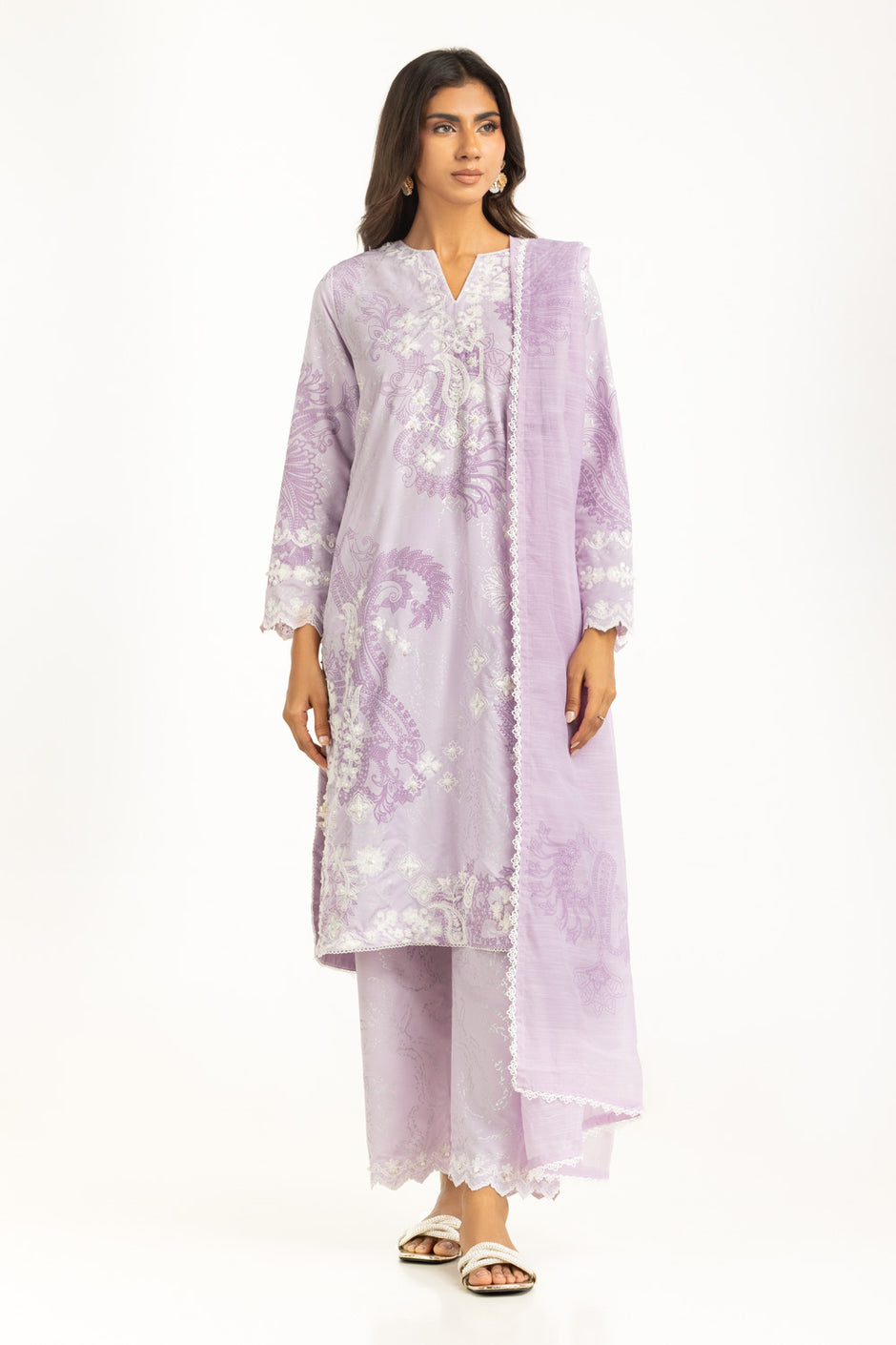 3PC Poly Cambric Printed Suit With Embroidered