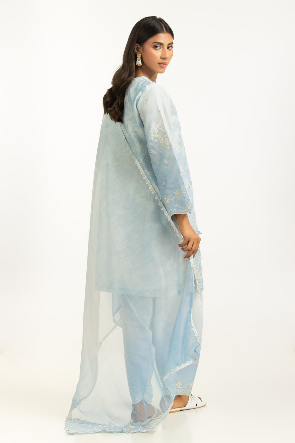 3PC Poly Slub Printed Suit With Embroidered