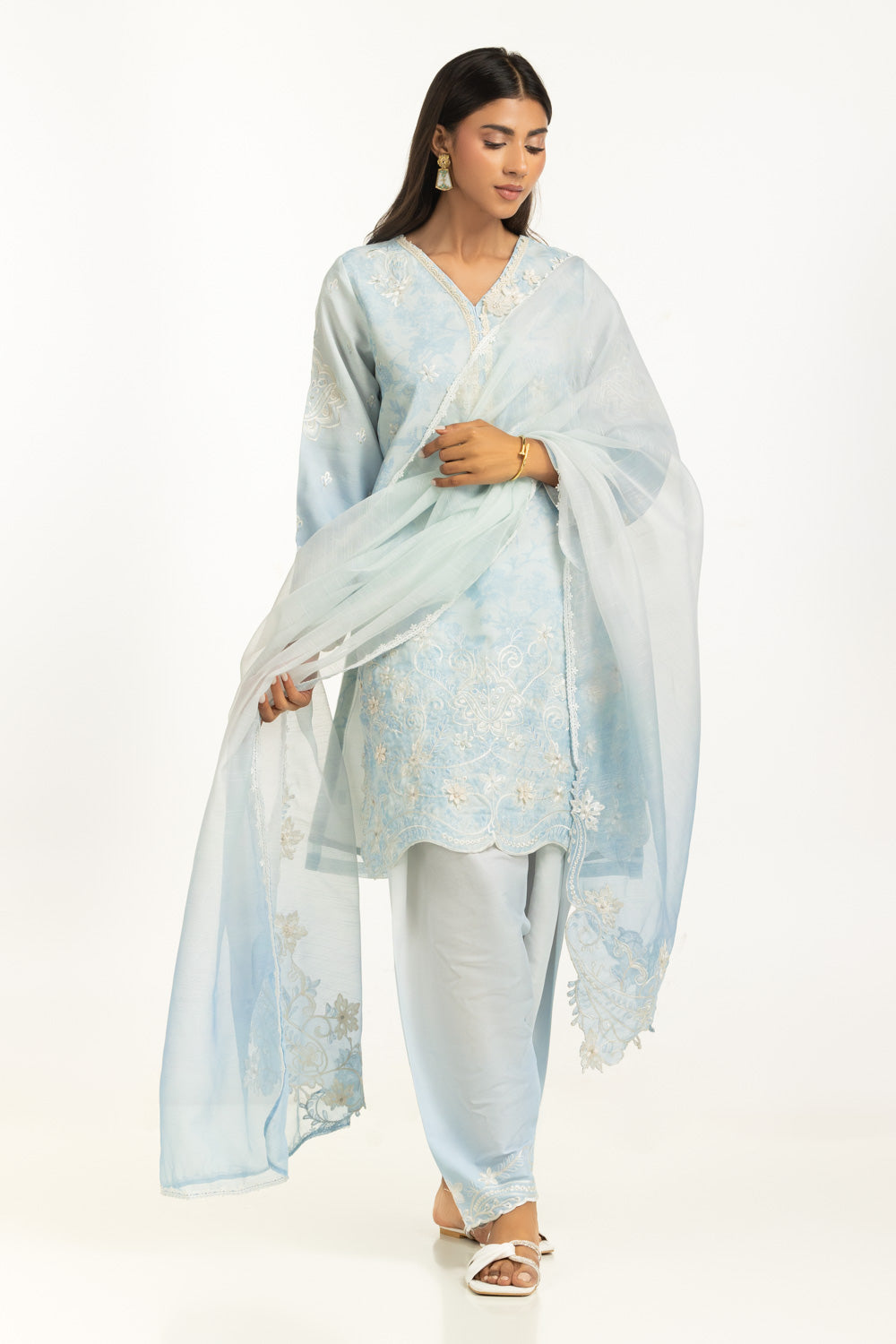 3PC Poly Slub Printed Suit With Embroidered IPSTD-44786