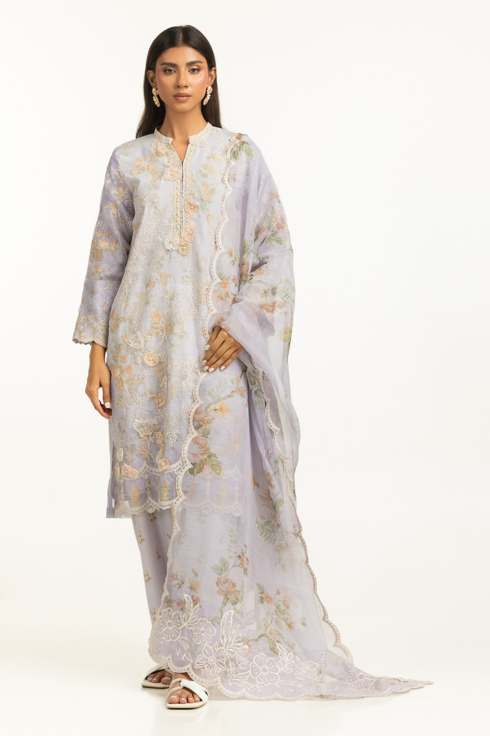 3PC Poly Slub Printed Suit With Embroidered IPSTD-44787