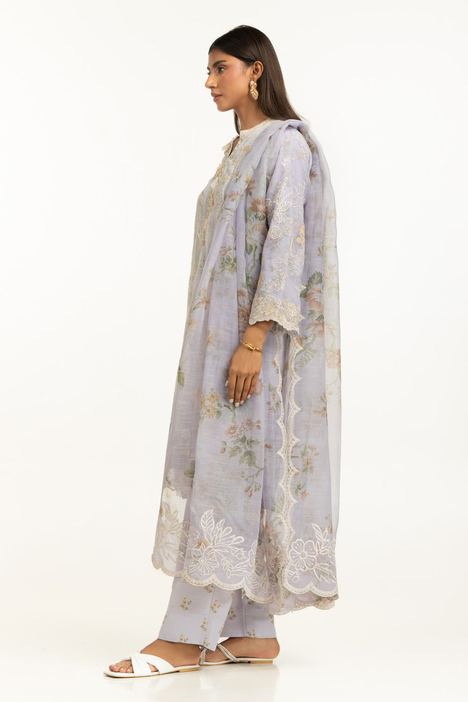 3PC Poly Slub Printed Suit With Embroidered