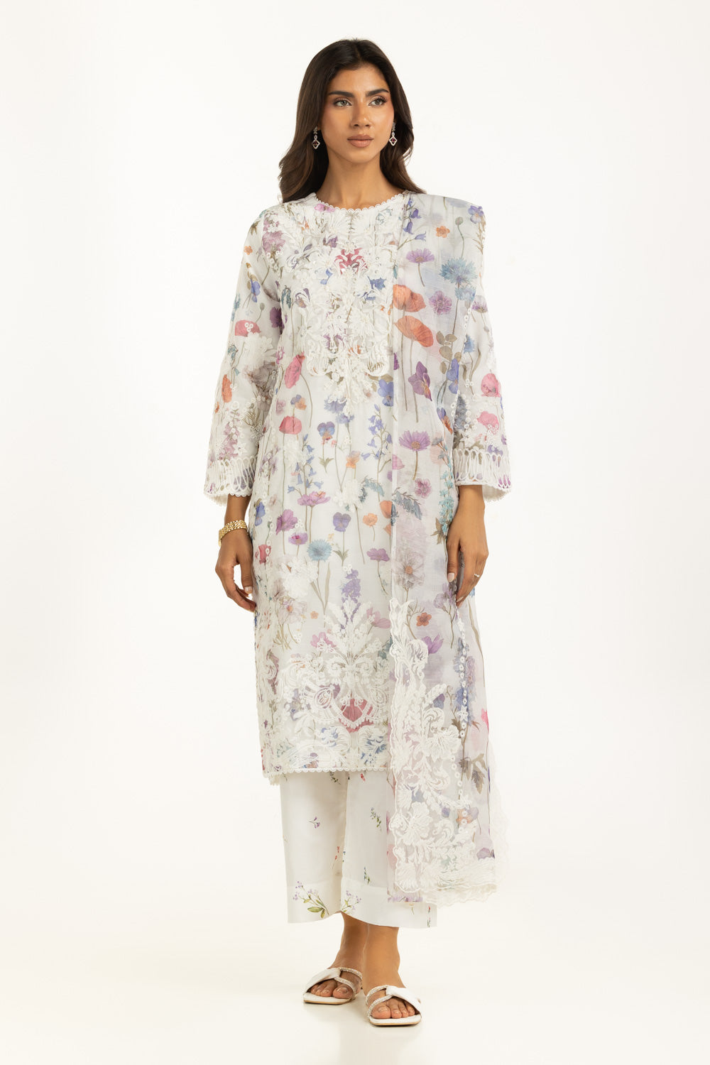 3PC Poly Slub Printed Suit With Embroidered IPSTD-44790