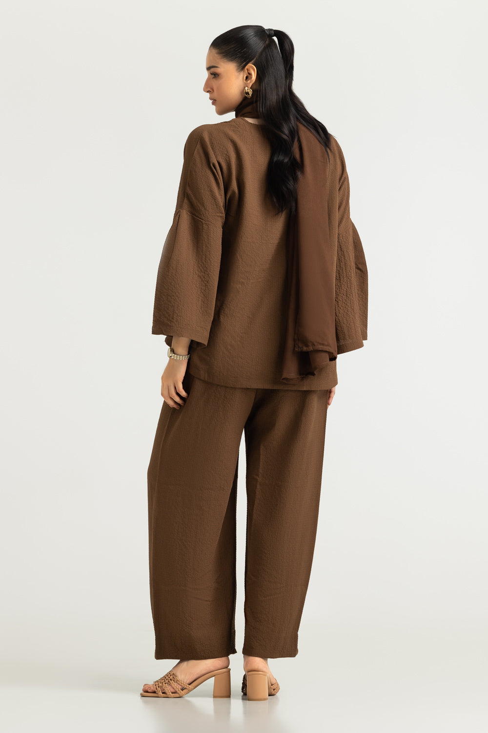 3PC Seersucker Dyed Shirt And Trouser With Scarf