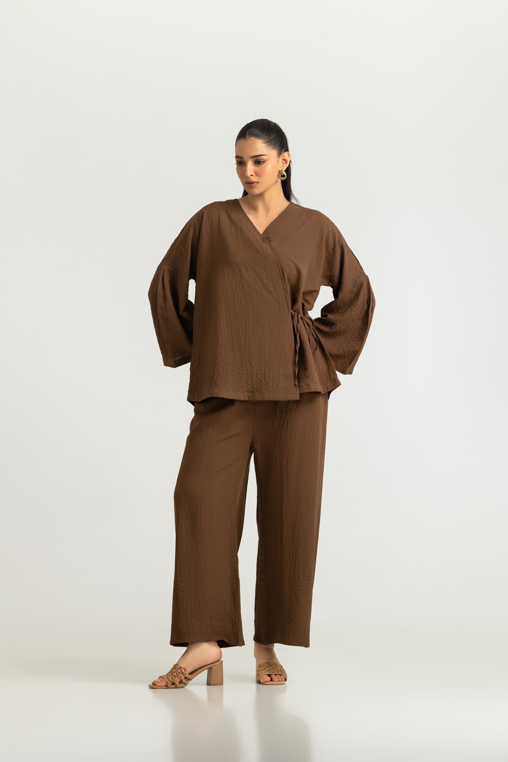 3PC Seersucker Dyed Shirt And Trouser With Scarf