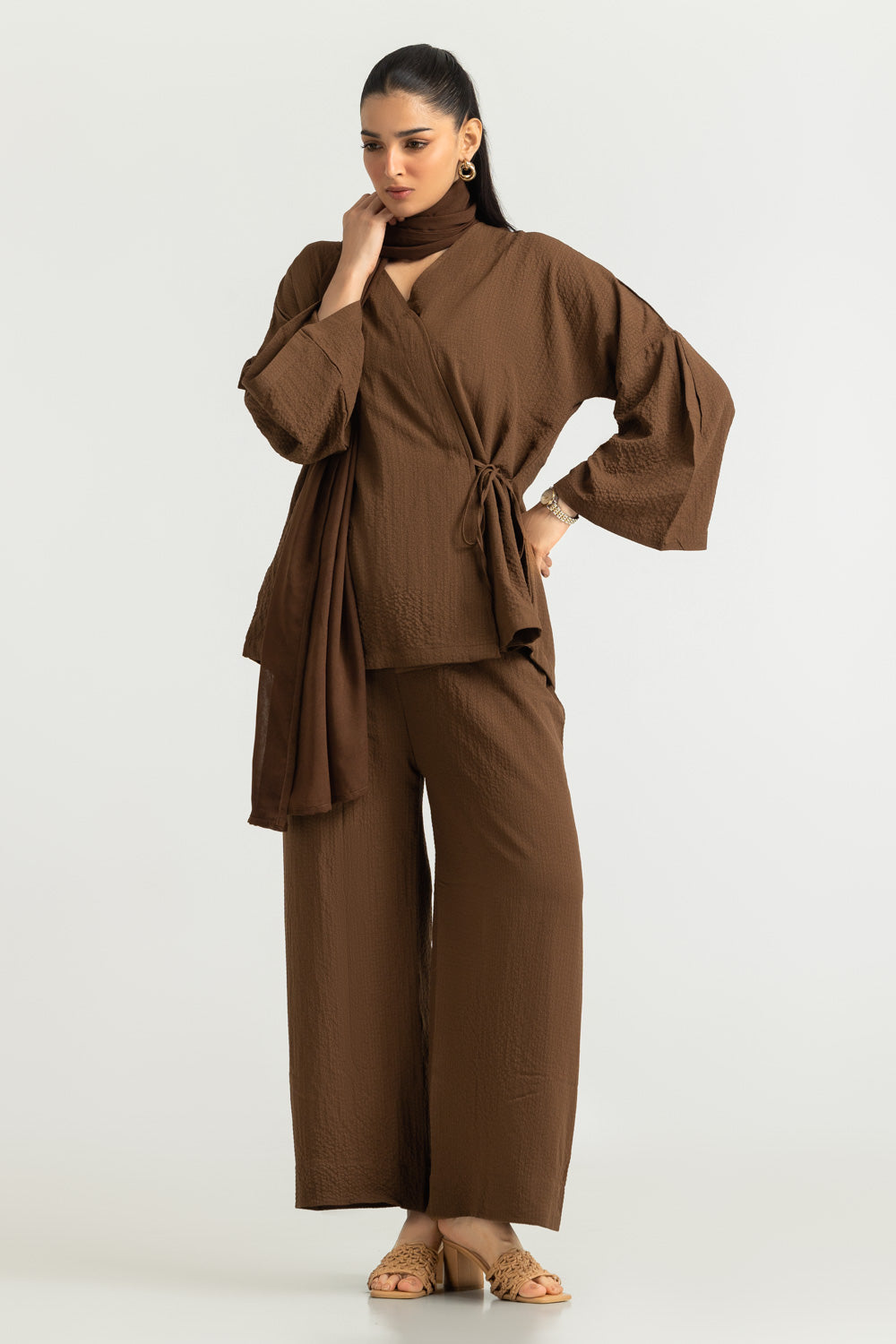 3PC Seersucker Dyed Shirt And Trouser With Scarf