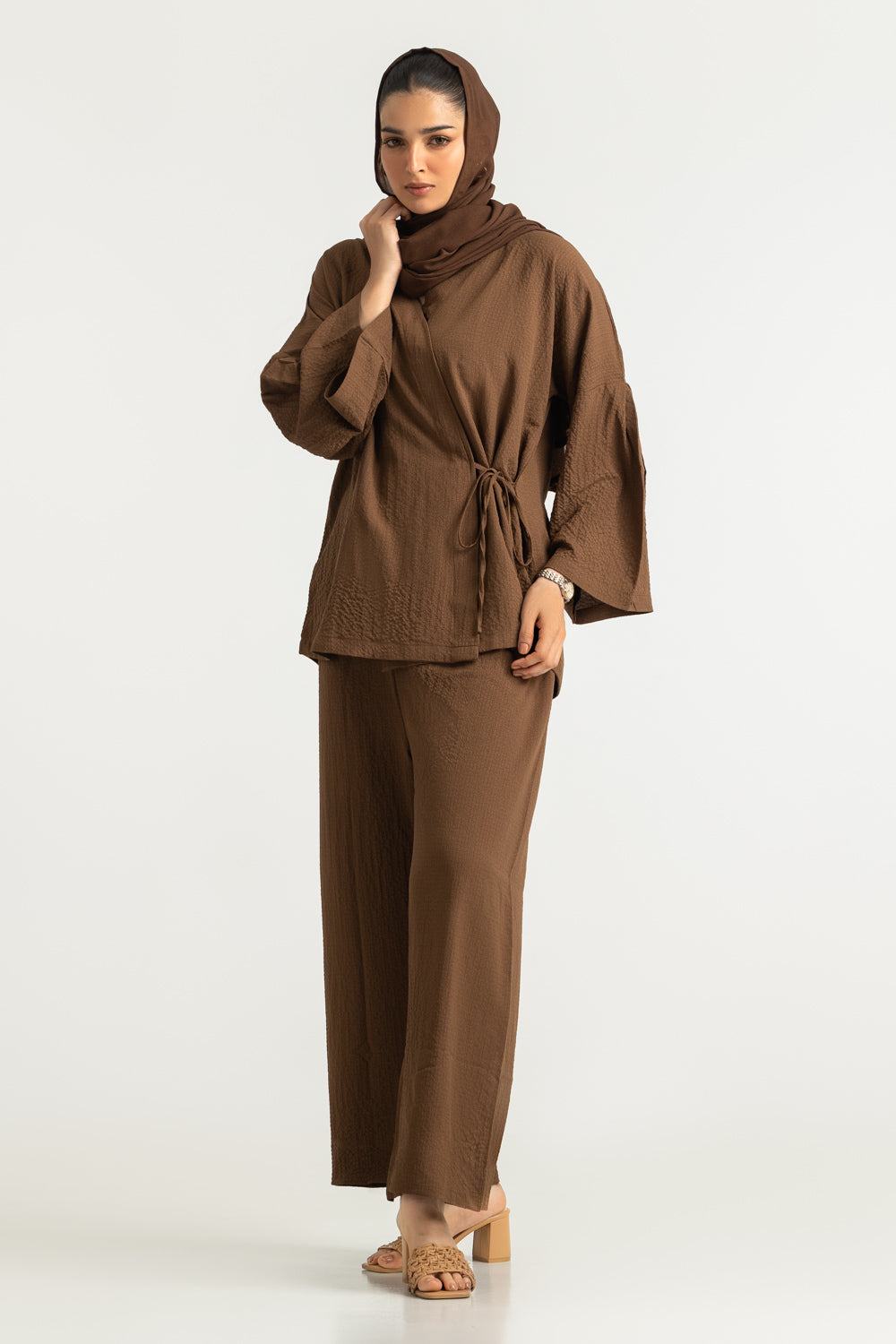 3PC Seersucker Dyed Shirt And Trouser With Scarf