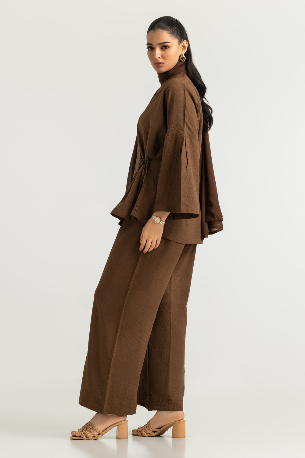 3PC Seersucker Dyed Shirt And Trouser With Scarf