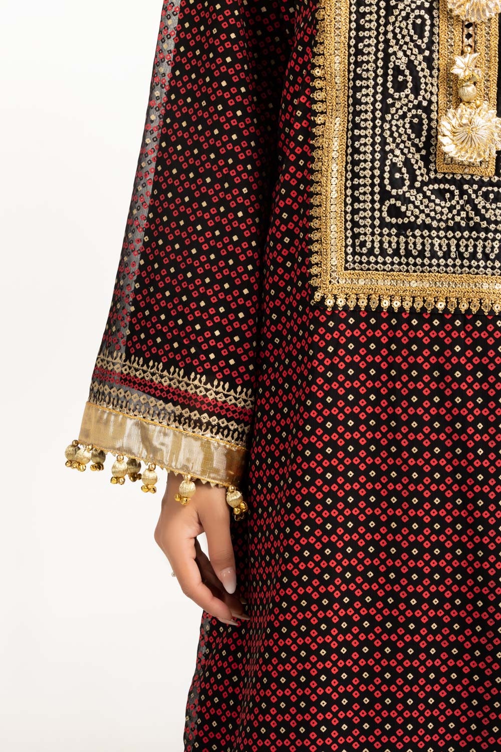 3PC Chiffon Gold And Lacquer Printed Suit With Embroidered IUSTKSD-732