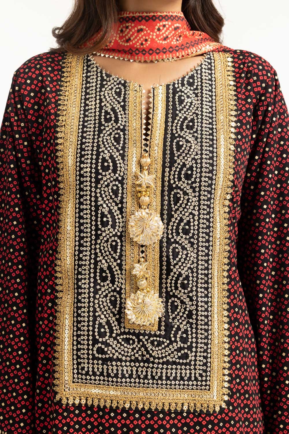3PC Chiffon Gold And Lacquer Printed Suit With Embroidered IUSTKSD-732