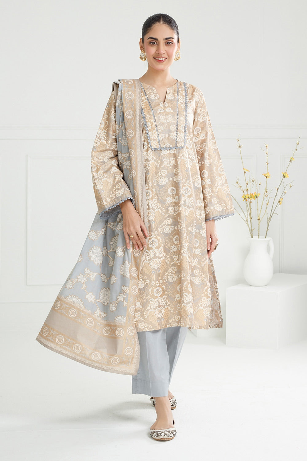 3PC Lawn Gold and Lacquer Printed Suit IUSTKSD-464