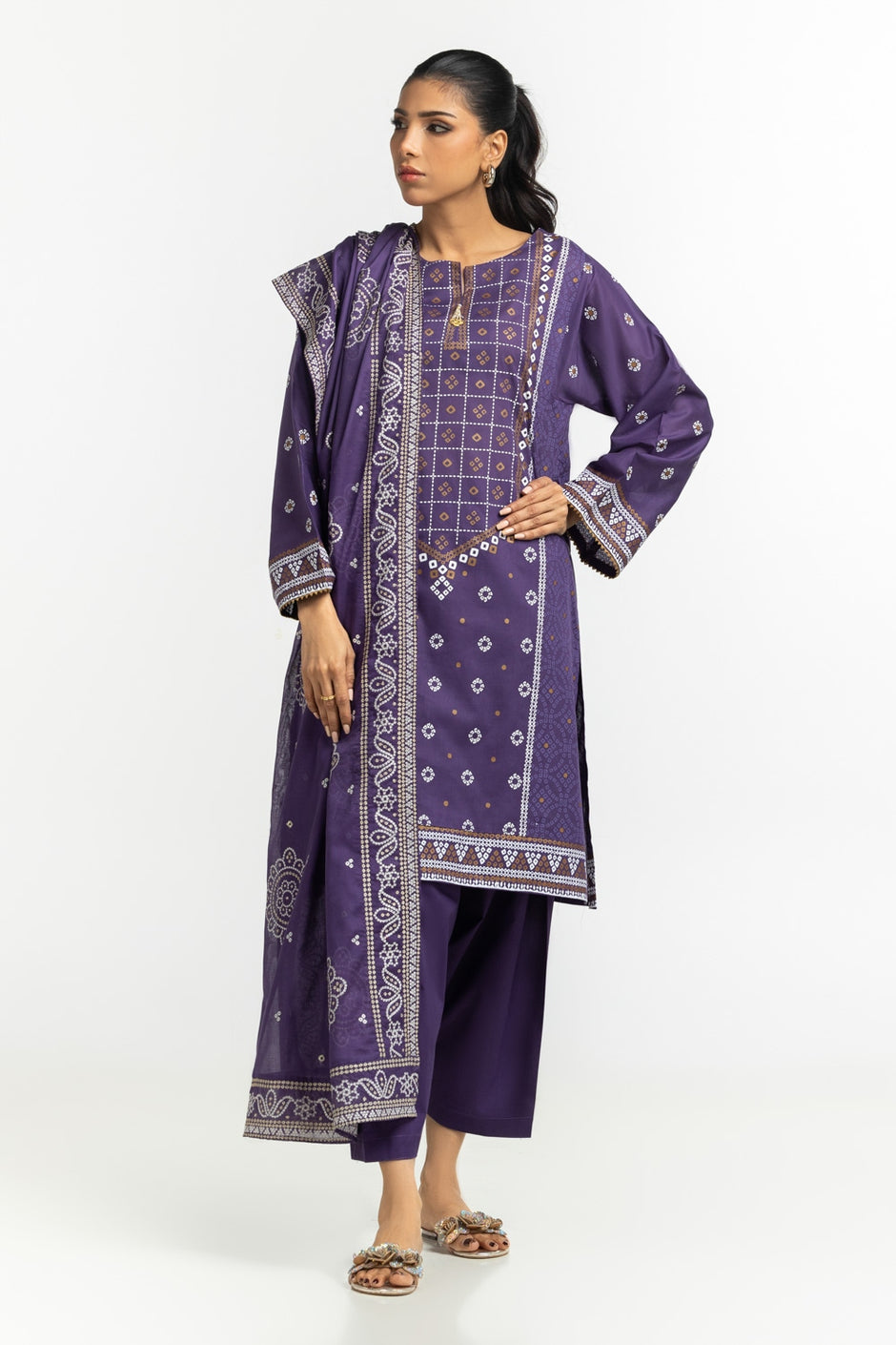 3PC Lawn Gold and Lacquer Printed Suit