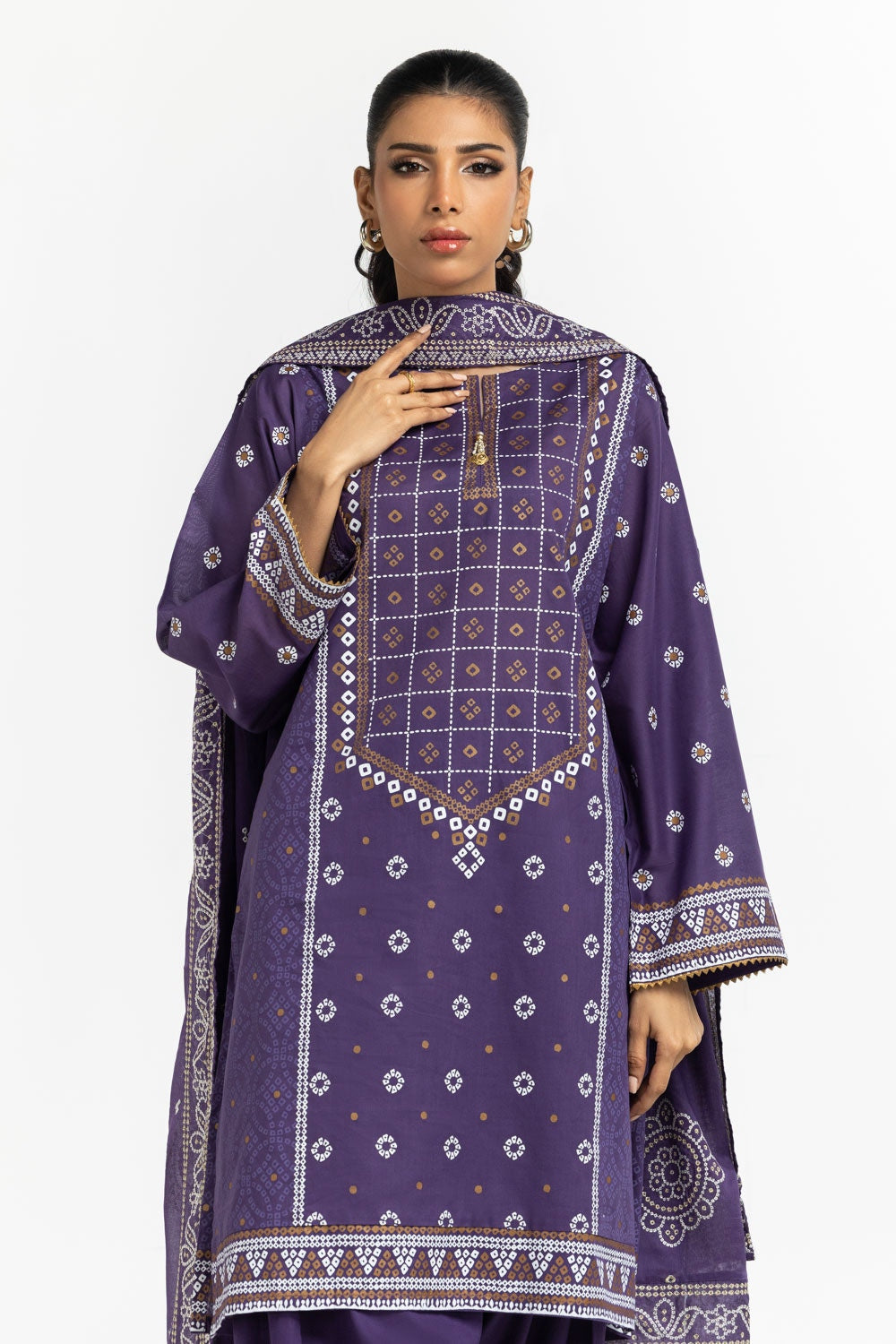 3PC Lawn Gold and Lacquer Printed Suit IUSTKSD-594
