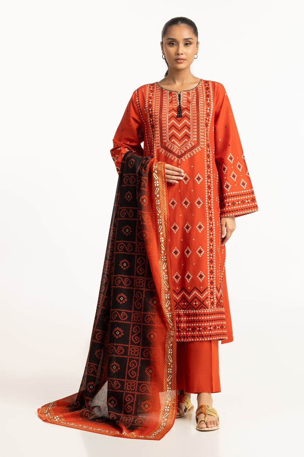3PC Lawn Gold & Lacquer Printed Suit With Embroidered  IUSTKSD-656