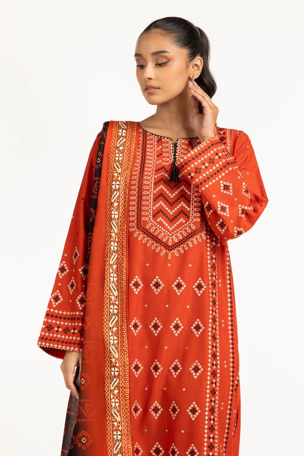 3PC Lawn Gold & Lacquer Printed Suit With Embroidered  IUSTKSD-656