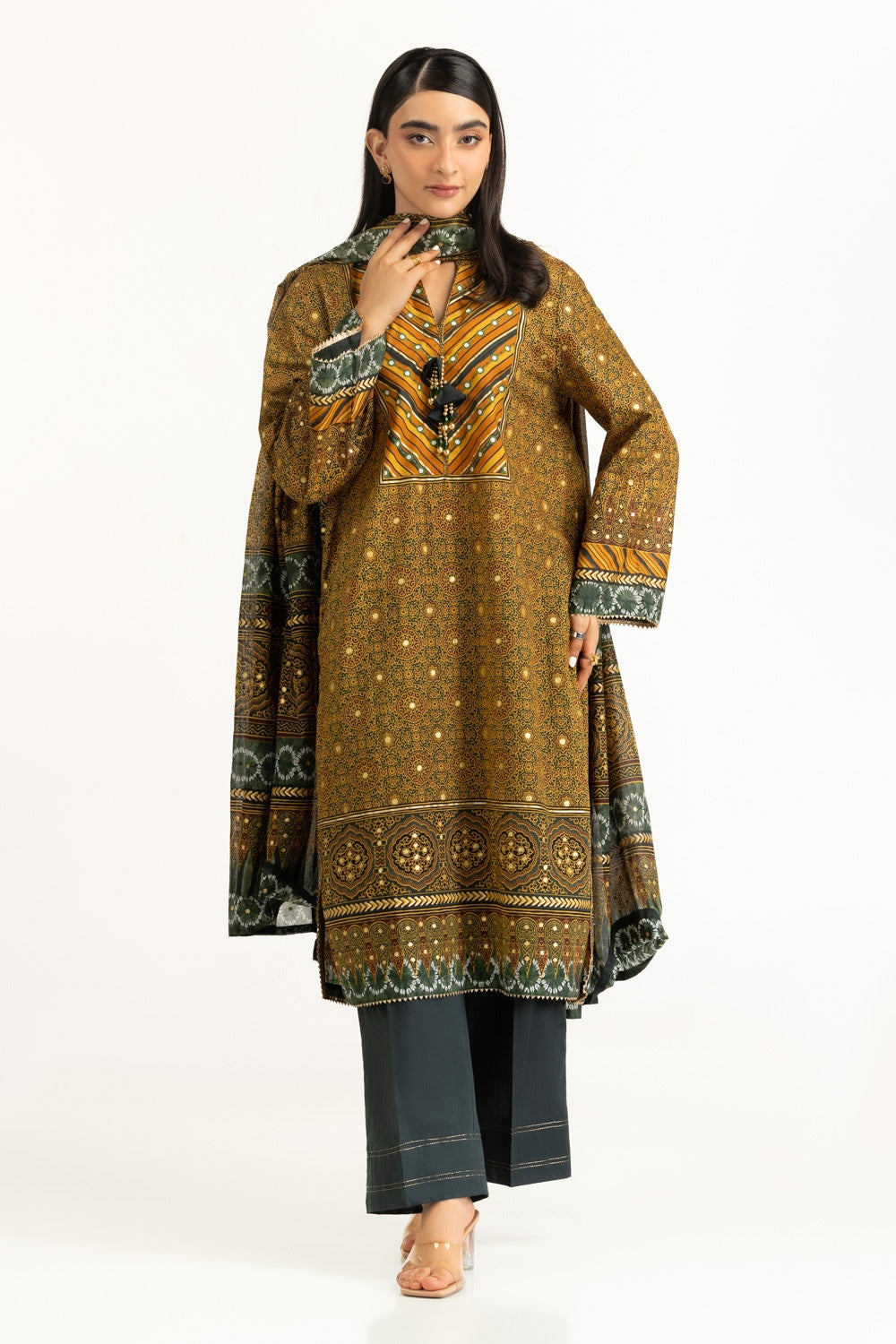 3PC Lawn Gold Printed Suit IUSTKSD-1069