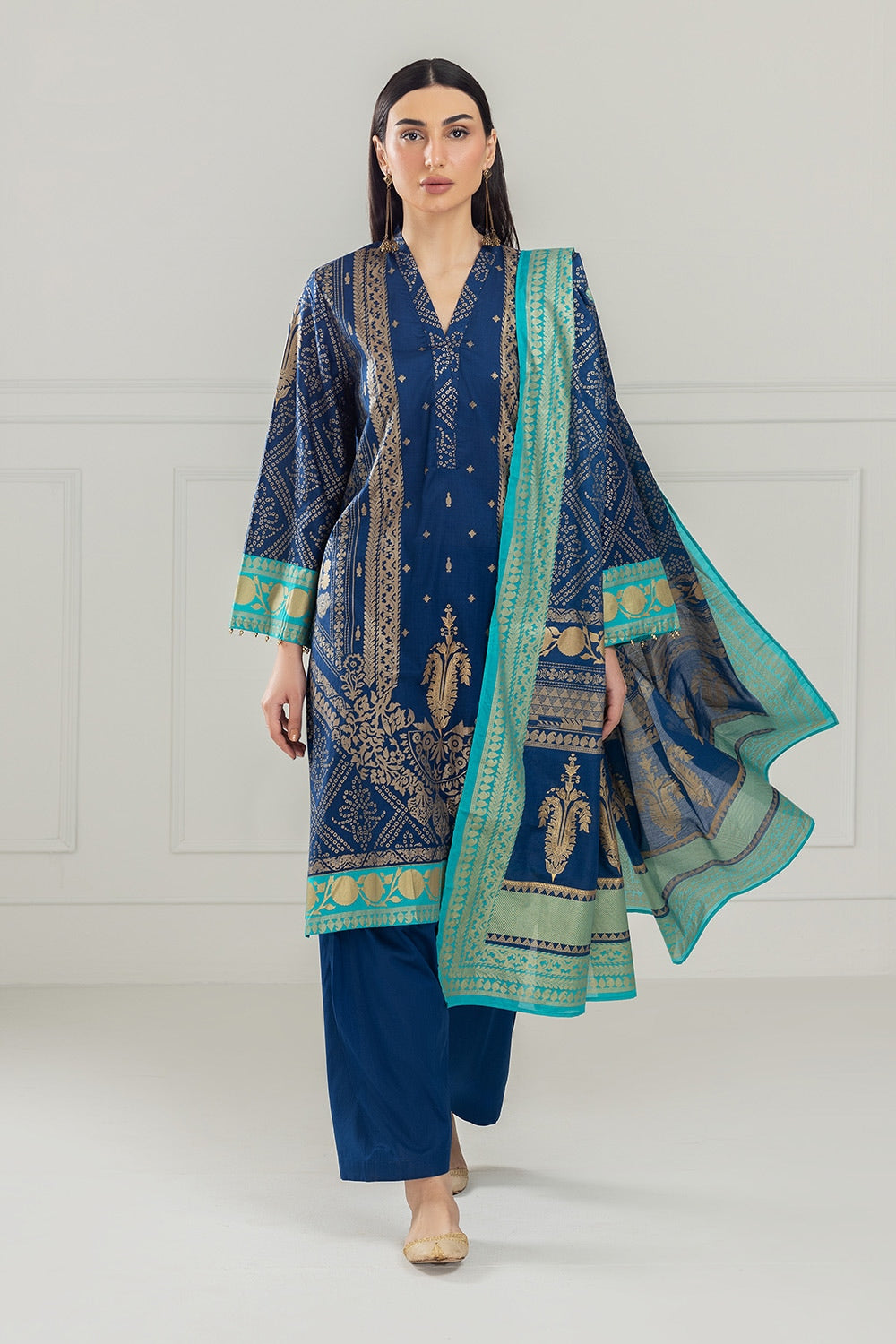 3PC Lawn Gold Printed Suit  IUSTKSD-424