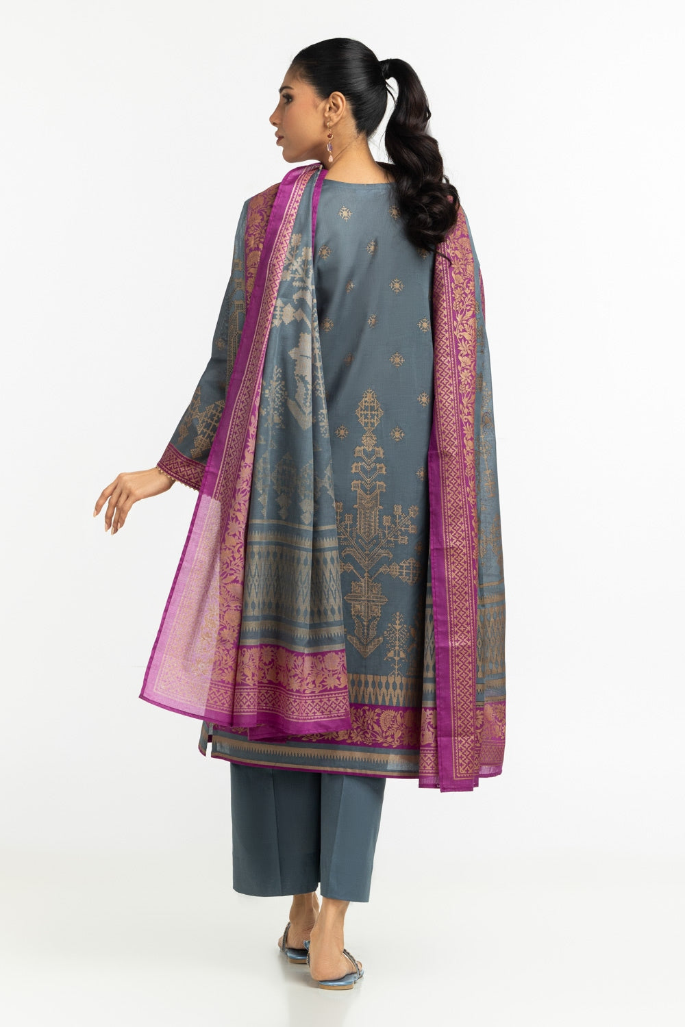3PC Lawn Gold Printed Suit  IUSTKSD-458