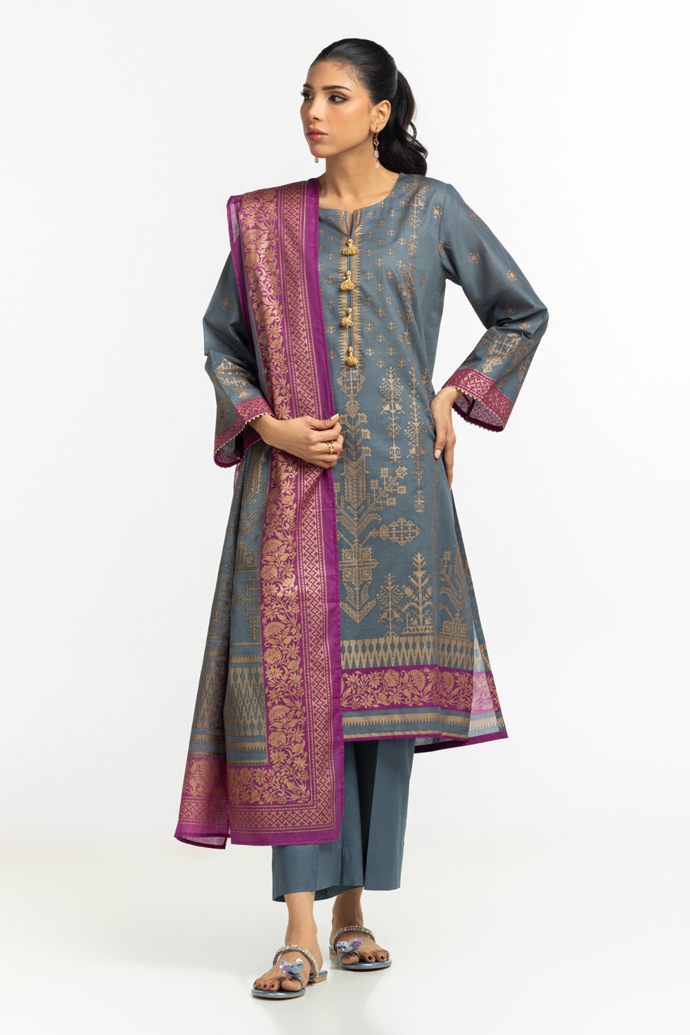 3PC Lawn Gold Printed Suit  IUSTKSD-458