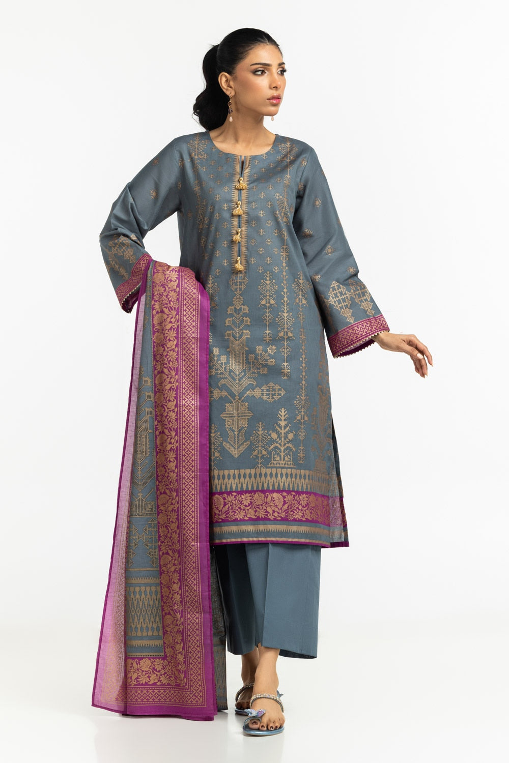 3PC Lawn Gold Printed Suit  IUSTKSD-458