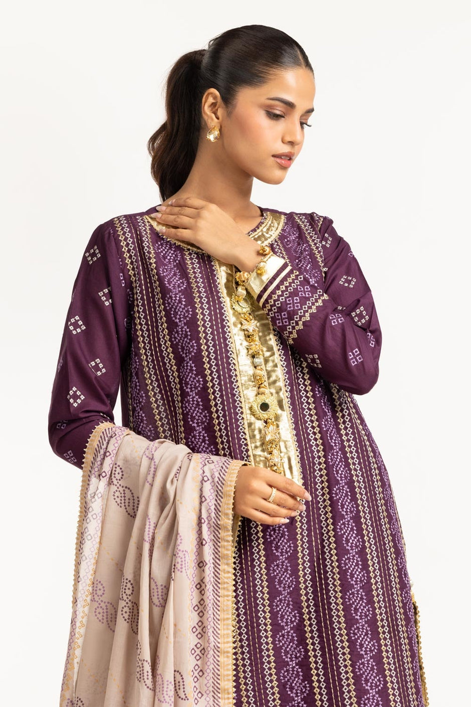 3PC Lawn Gold Printed Suit With Embroidered