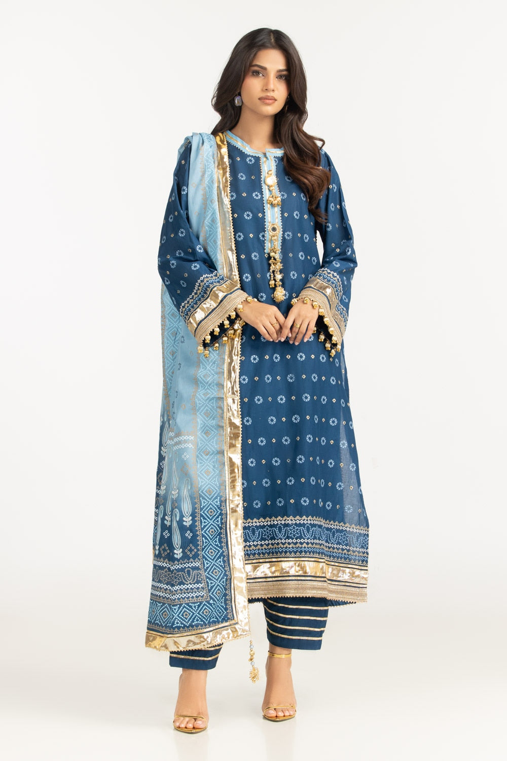 3PC Lawn Gold Printed Suit With Embroidered  IUSTKSD-725