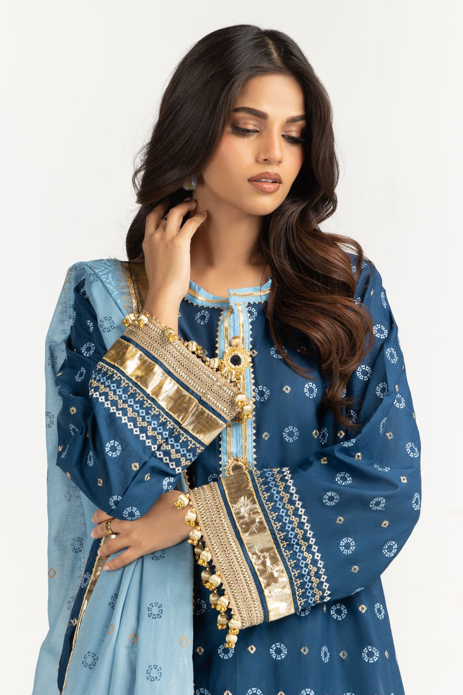 3PC Lawn Gold Printed Suit With Embroidered