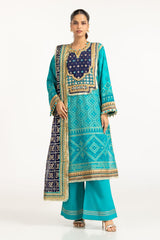 3PC Lawn Gold Printed Suit With Embroidered IUSTKSD-733