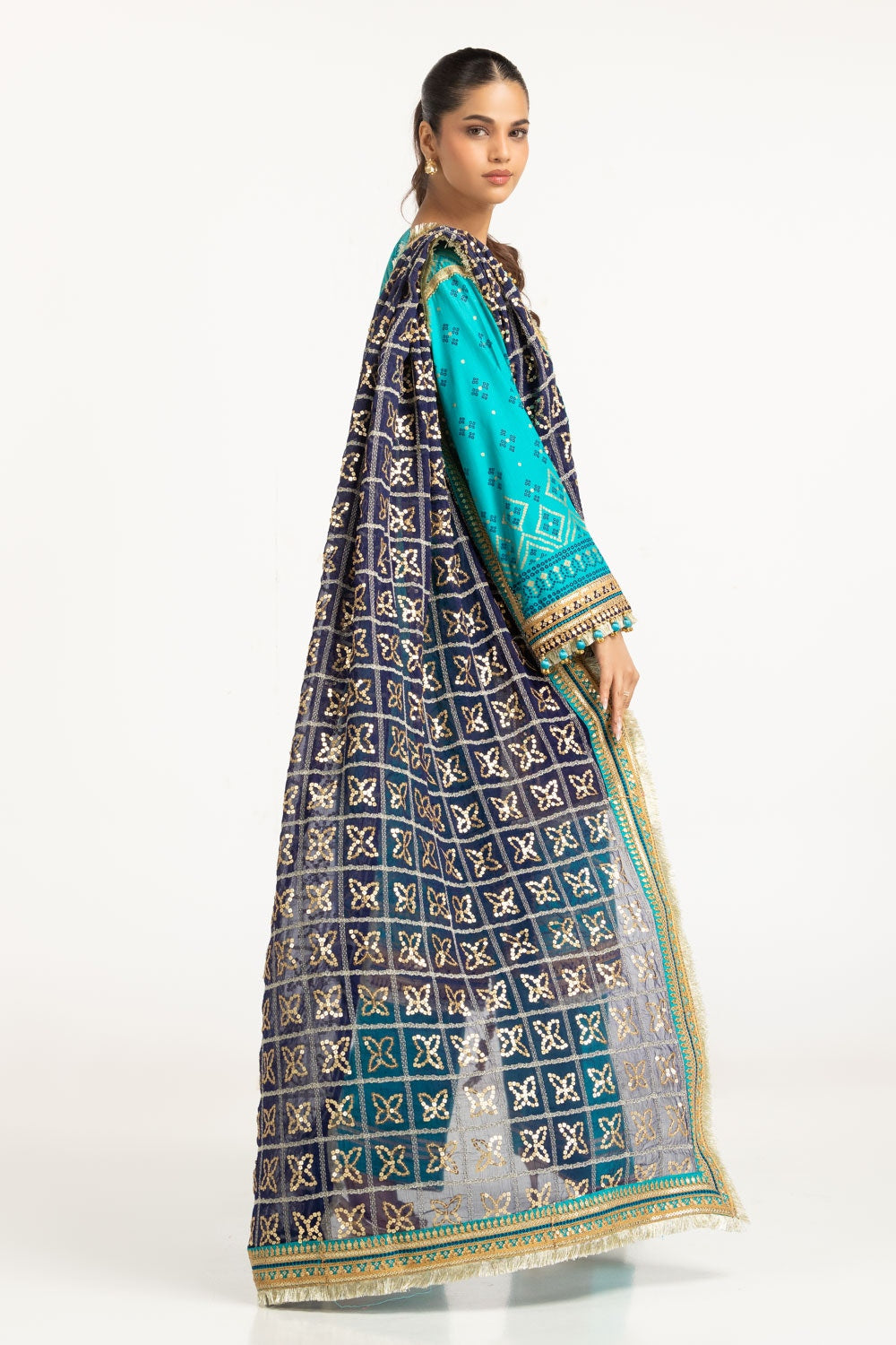 3PC Lawn Gold Printed Suit With Embroidered IUSTKSD-733