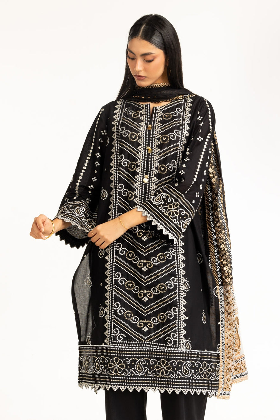 3PC Lawn Lacquer Printed Suit With Embroidered