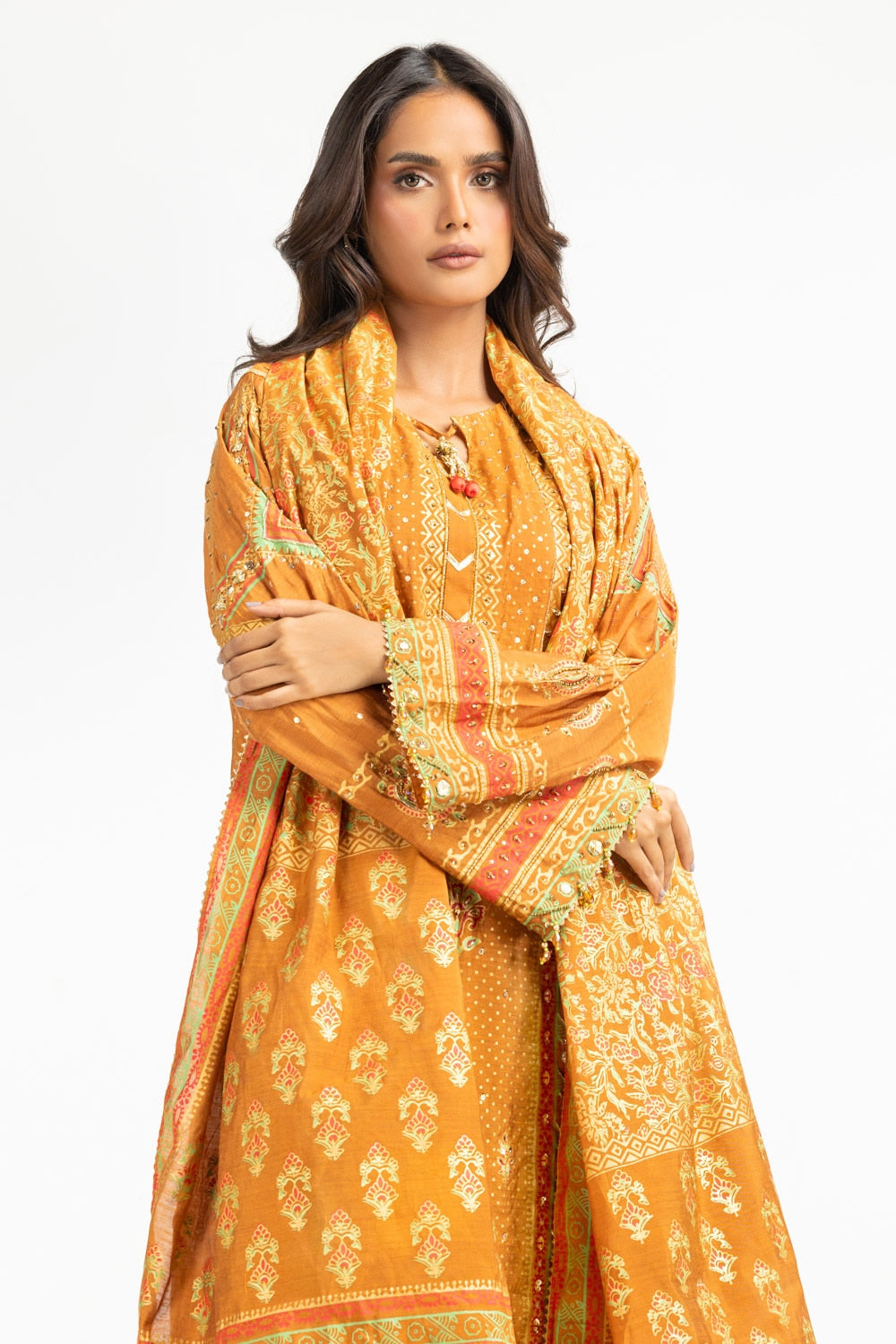 3PC paper-cotton Gold And Lacquer Printed Hand Embellished Suit IUSTKSD-800