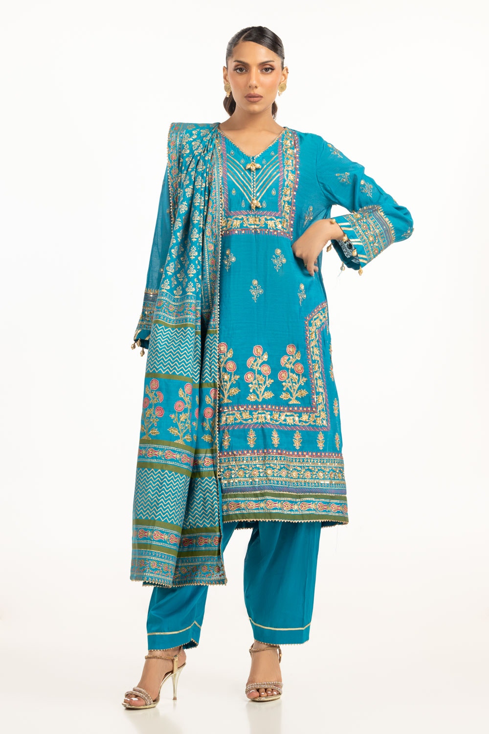 3PC paper-cotton Lacquer Printed Hand Embellished Suit IUSTKSD-784