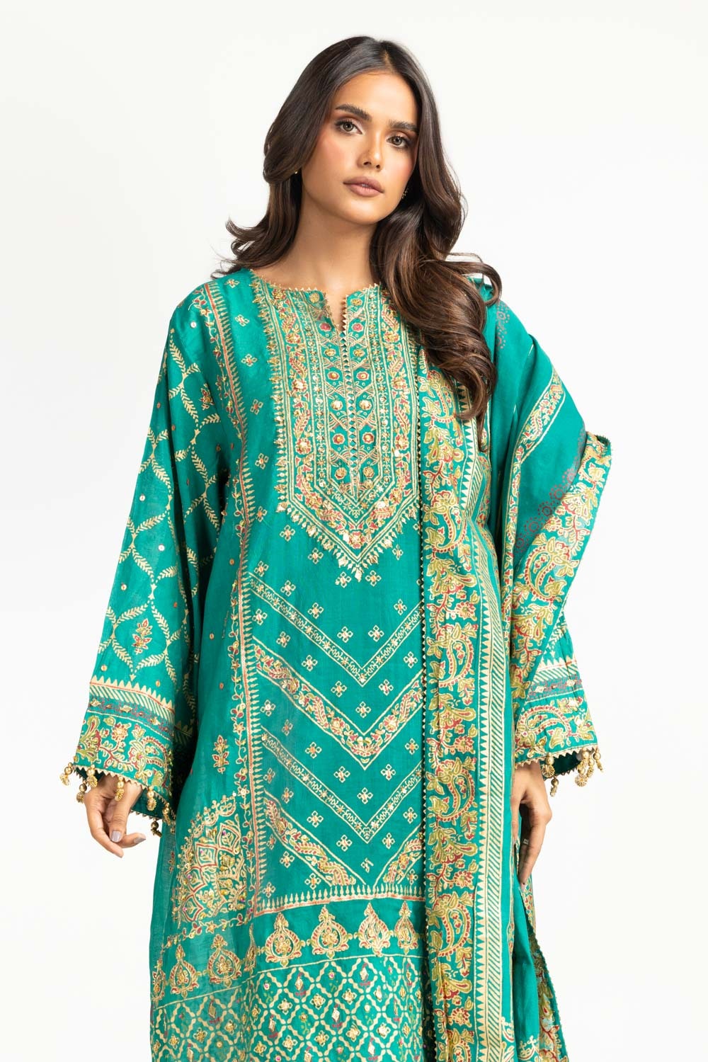 3PC paper-cotton Lacquer Printed Hand Embellished Suit IUSTKSD-834