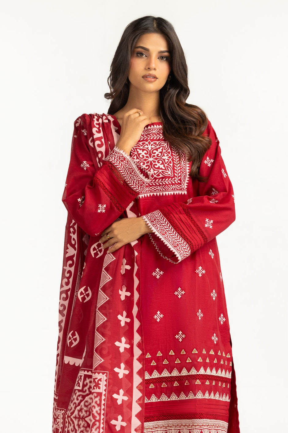 3PC paper-cotton Lacquer Printed Suit With Embroidered