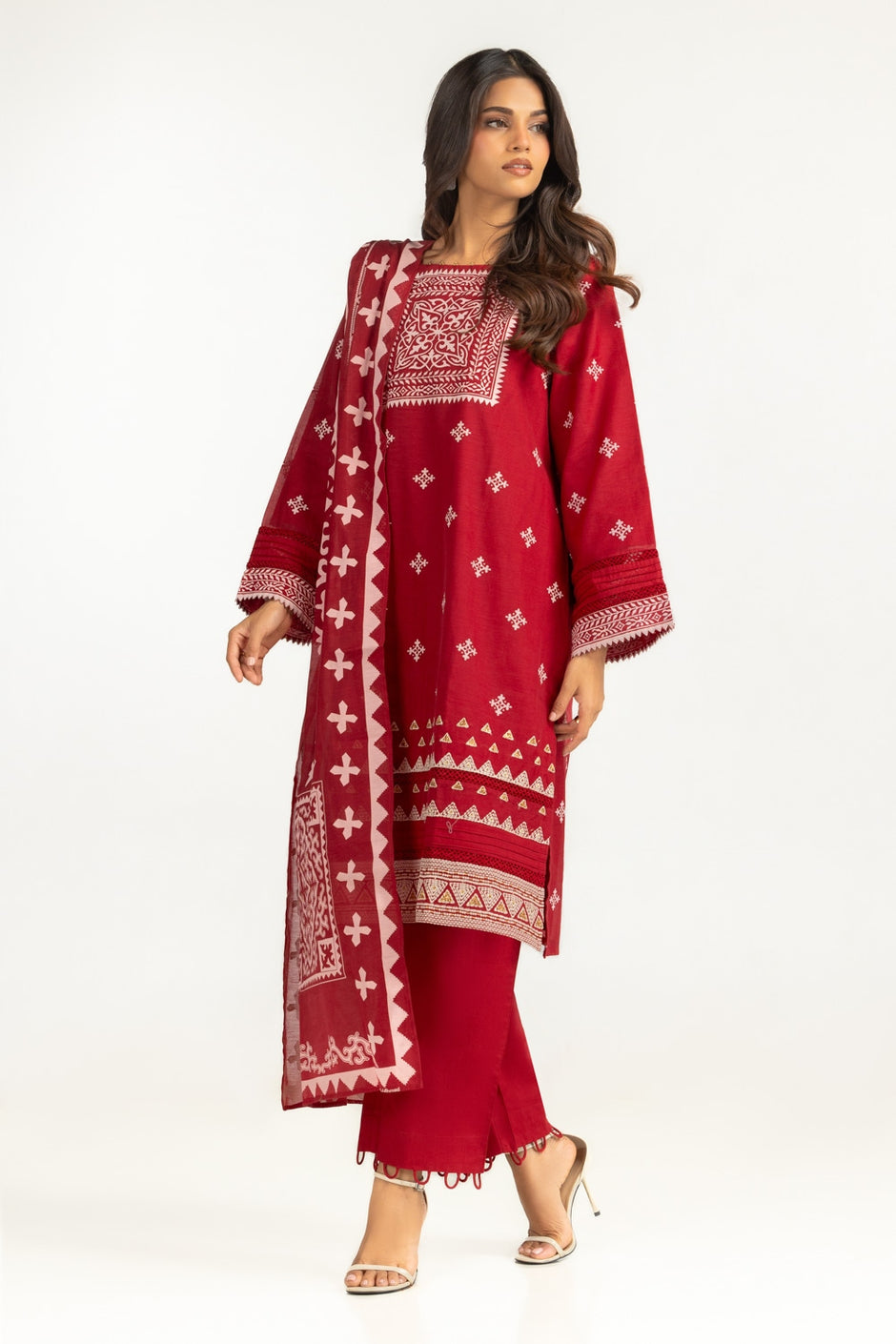 3PC paper-cotton Lacquer Printed Suit With Embroidered
