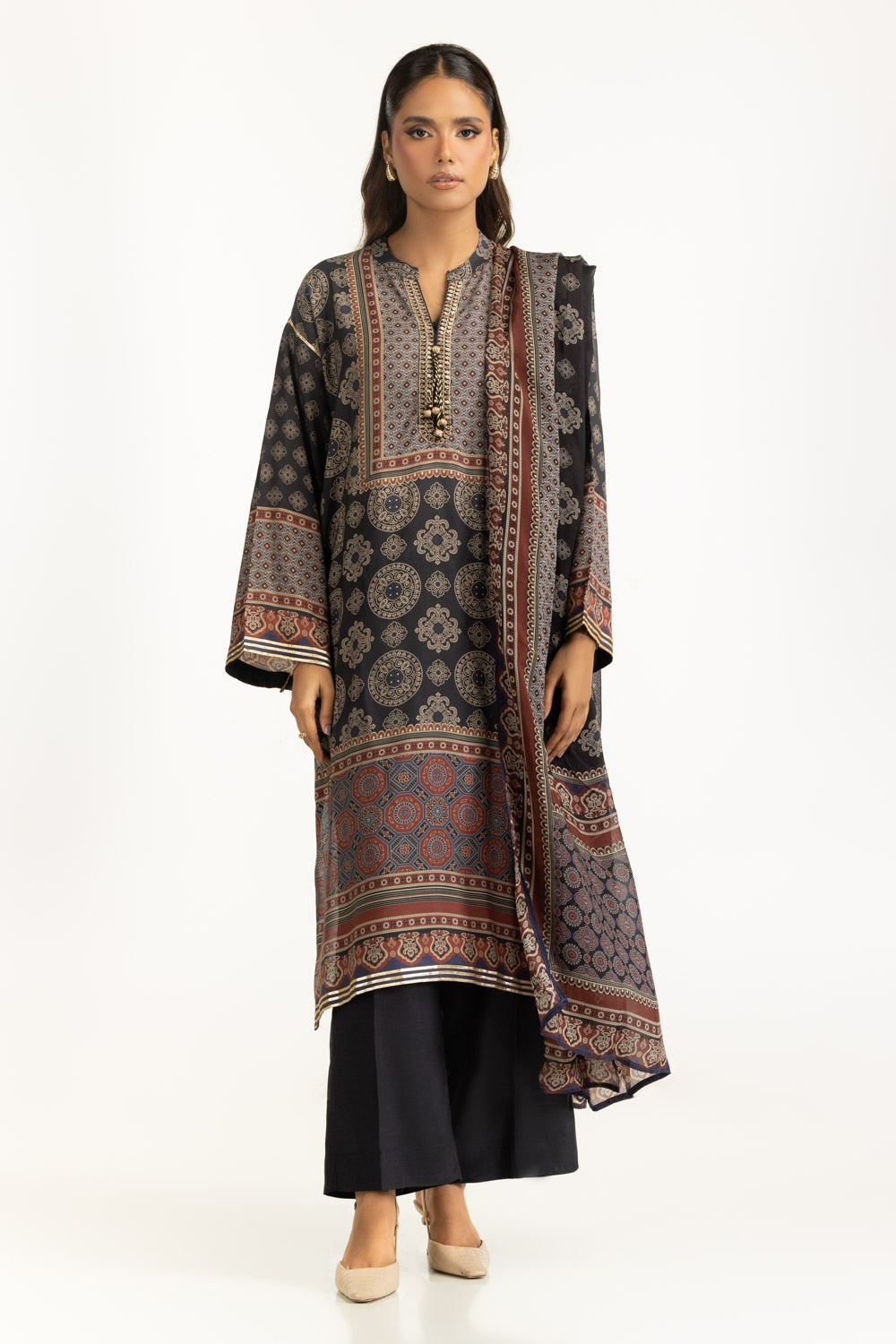 3PC Printed Rawsilk Embroidered Suit