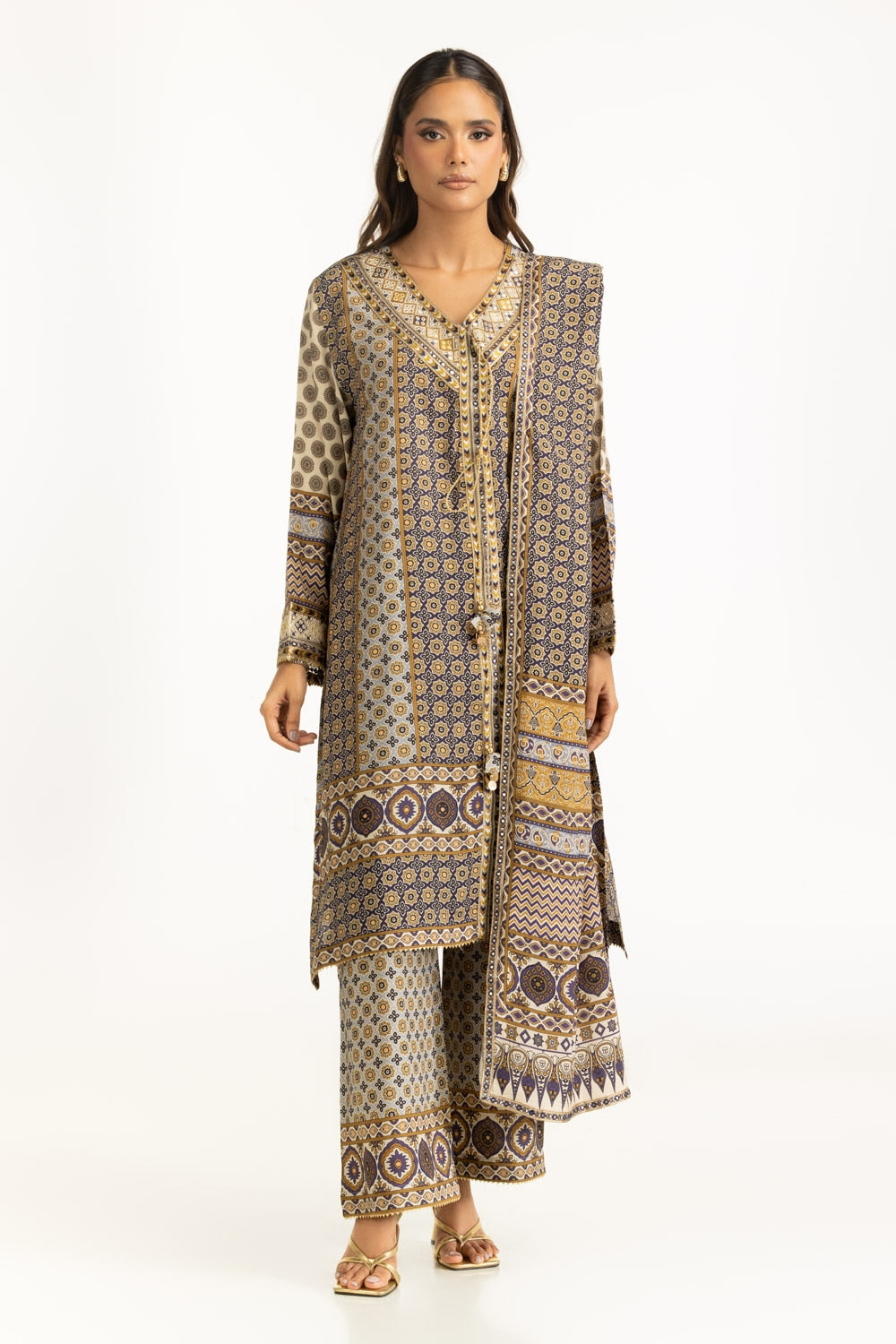 3PC Printed Rawsilk Embroidered Suit