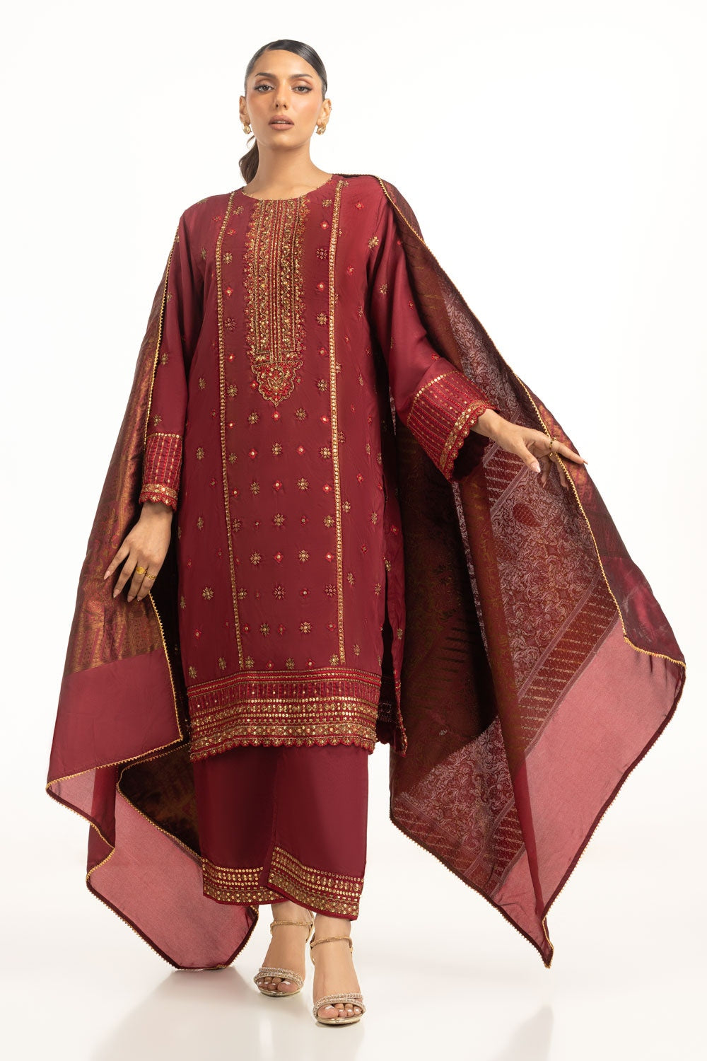 3PC raw-silk Embroidered Suit IUSTKSD-875