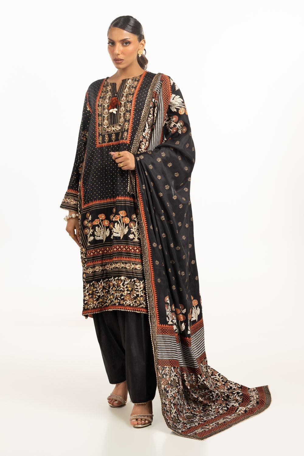 3PC raw-silk Lacquer Printed Hand Embellished Suit  IUSTKSD-785