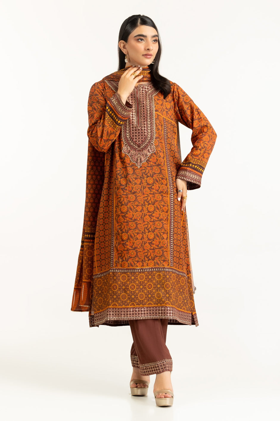 3PC raw-silk Printed Suit With Embroidered